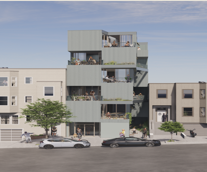Rendering of a new infill housing building with balconies and ground-floor retail