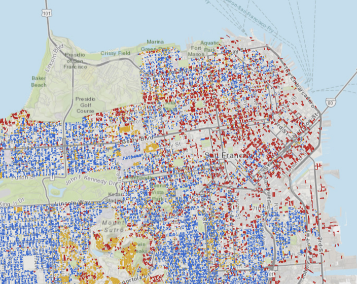 Map of San Francisco showing zoning and construction patterns by parcel