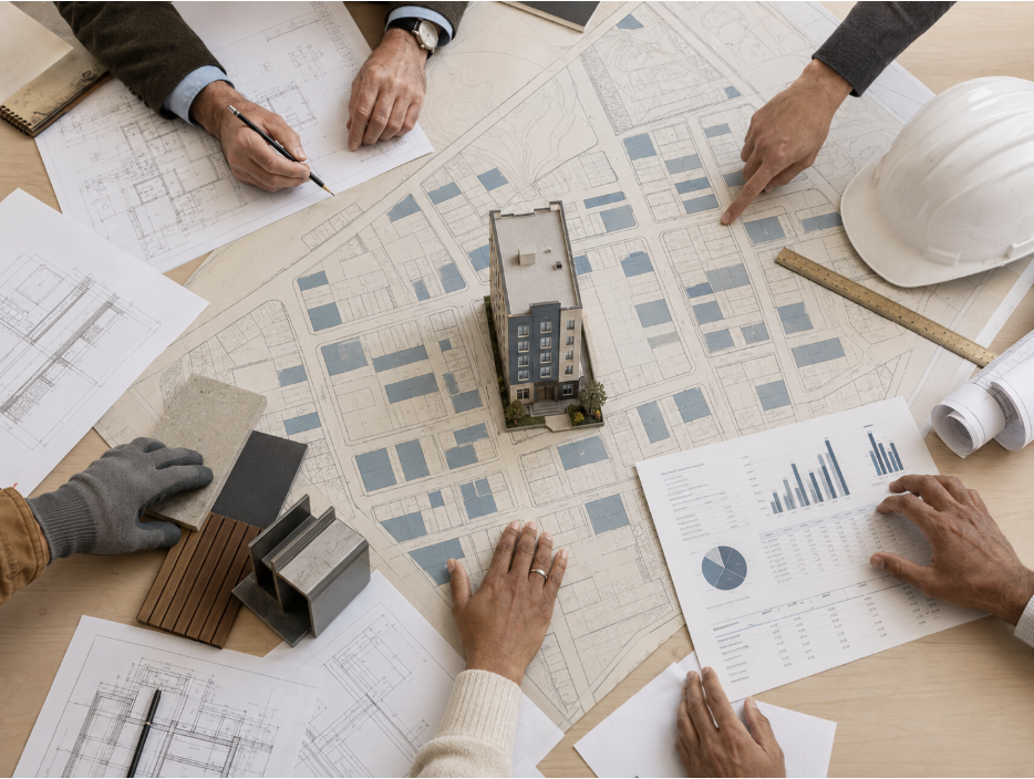 Planning table with a building model, site maps, and construction data